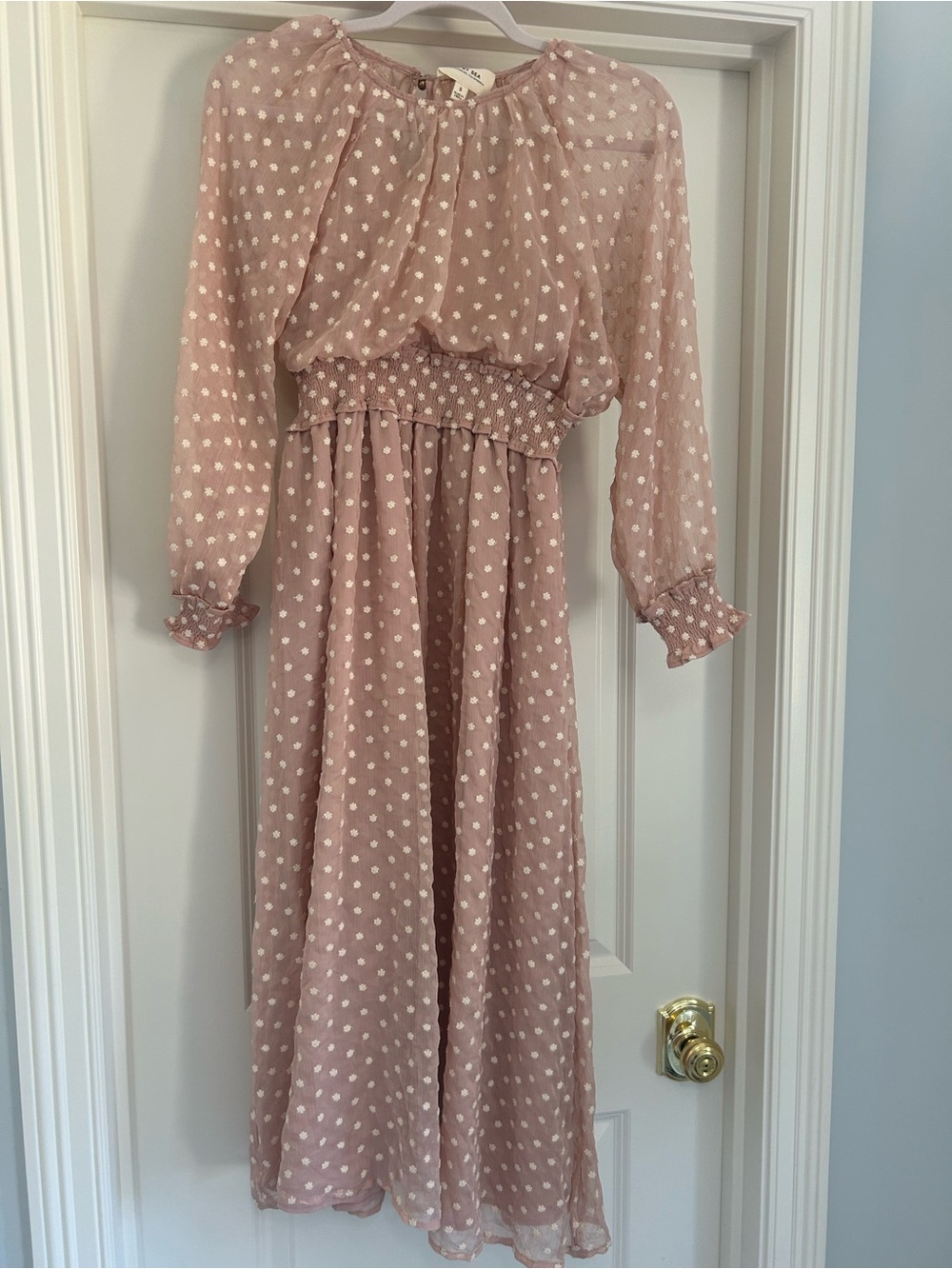 Blush Pink Polka Dot Long Sleeve Midi Dress